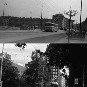 Obrázek 'Brno dva diapozitivy vyfocene s padesatiletym odstupem zastavka trolejbusu'