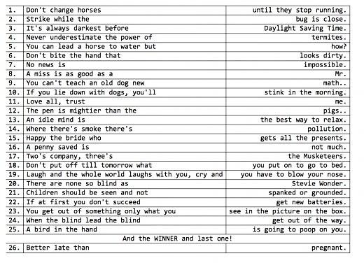 Obrázek A teacher gave his 26 students the start of a proverb each and asked them to complete - here are the results 