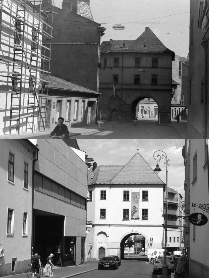 Obrázek Brno dva diapozitivy vyfocene s padesatiletym odstupem Meninska brana