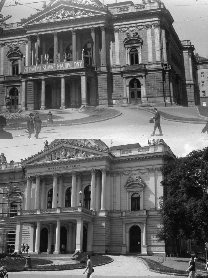 Obrázek Brno dva diapozitivy vyfocene s padesatiletym odstupem divadlo
