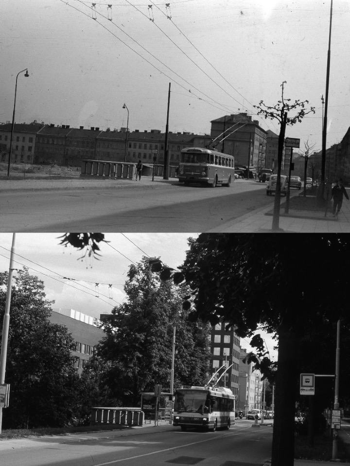 Obrázek Brno dva diapozitivy vyfocene s padesatiletym odstupem zastavka trolejbusu