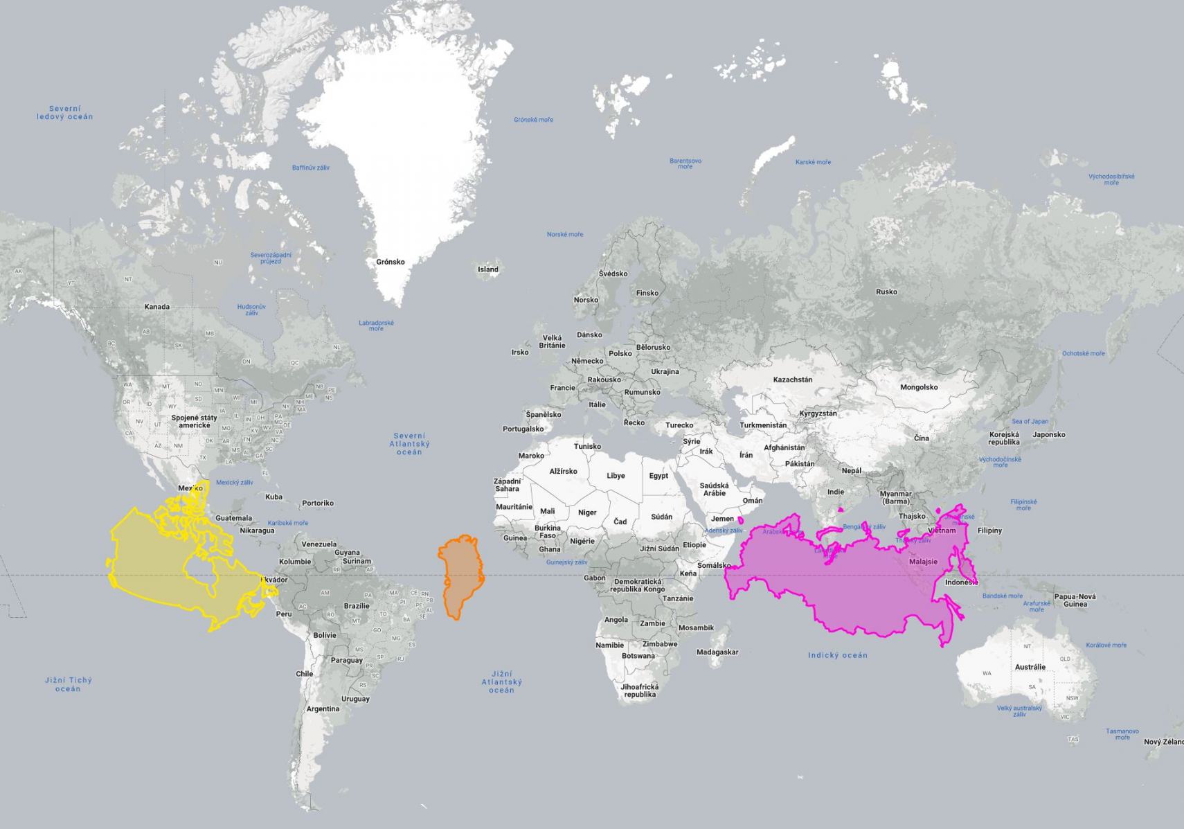 Obrázek Mercator - Kanada Gronsko Rusko na rovniku