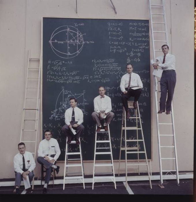 Obrázek NASA scientists with their board of calculations. 1960s
