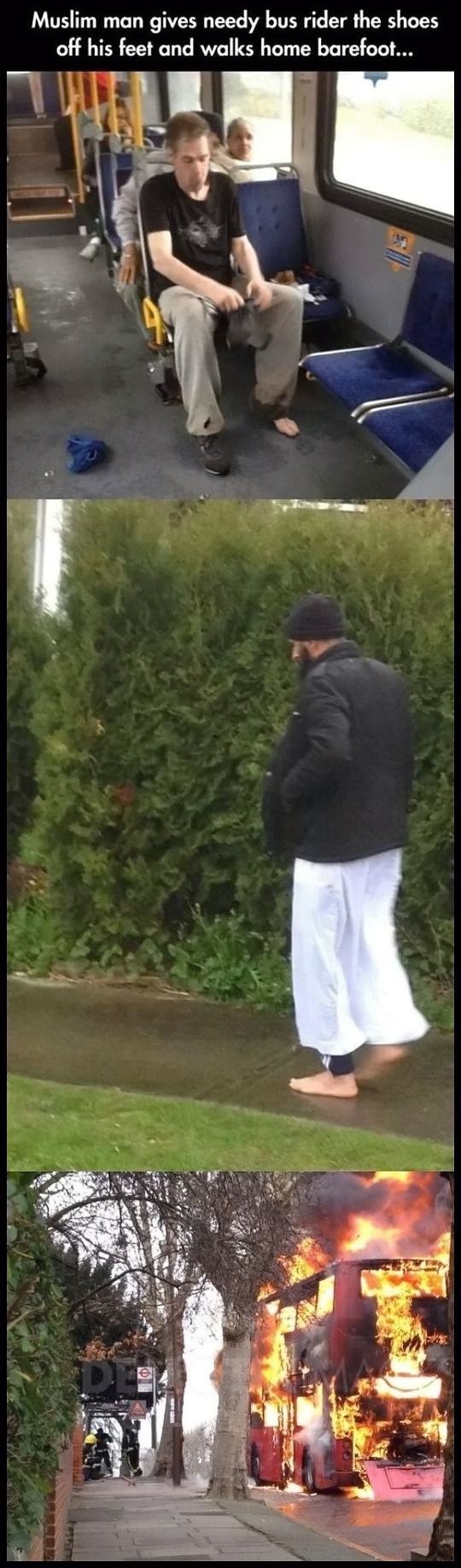 Obrázek a muslim man gives a homeless man a pair of shoes 540