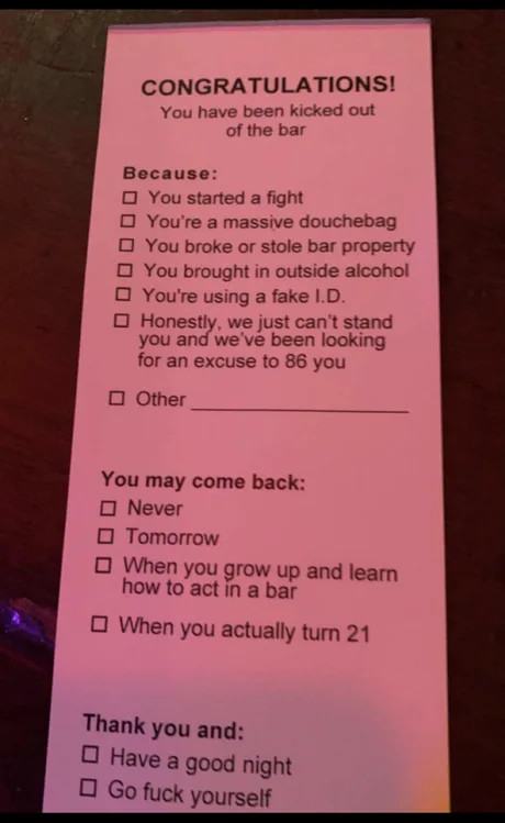 Obrázek diplom  o vyhozeni z baru