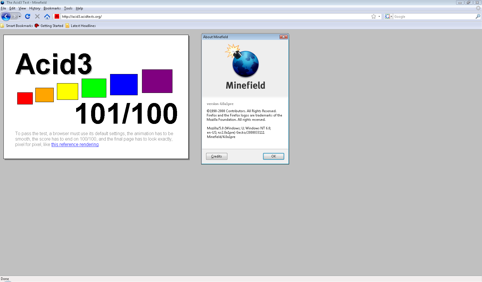 Obrázek firefox 4.0 acid3 splnen na 101 procent