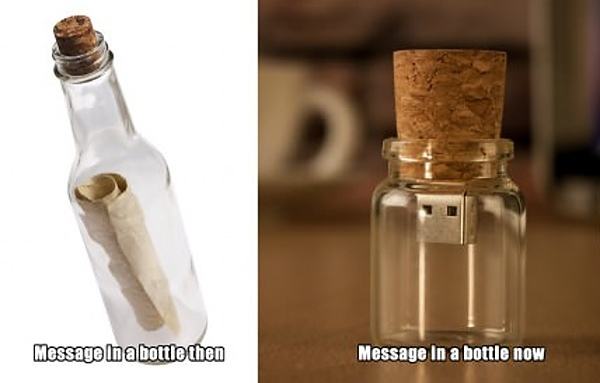 Obrázek message in a bottle then vs now