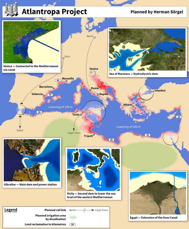 Obrázek plan na prehrazeni stredozemniho more a snizeni hladiny o 200m rok 1920