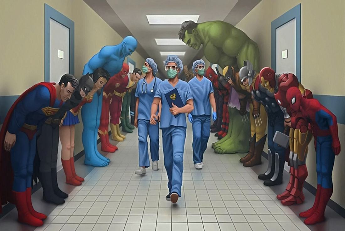 Obrázek superheroes bowing to doctors